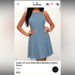 Lulu’s slate blue backless skater dress